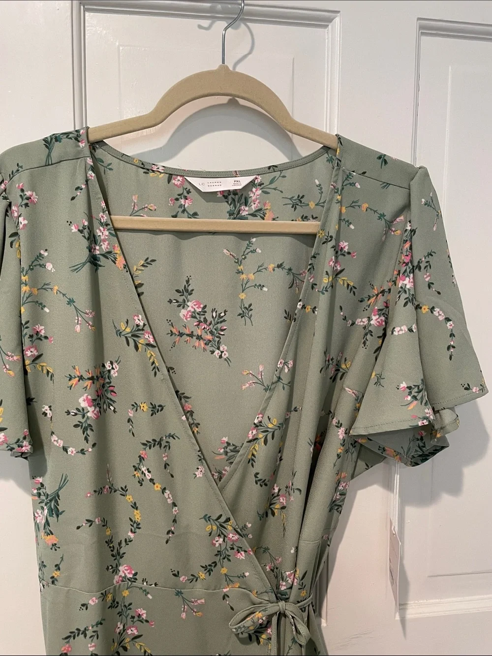 LC Lauren Conrad Sage Green Floral Wrap Mini Dress - Picture 2 of 6